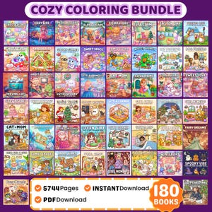 May include: A digital coloring bundle featuring 180 books and 5744 pages. The image displays a grid of colorful illustrations with titles like Cozy Coloring Bundle, Sweet Friends, and Spooky Vibe, showcasing various cartoon characters and scenes.
