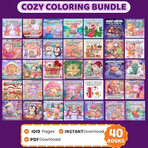 Peut inclure: Un ensemble de livres de coloriage numériques intitulé COZY COLORING BUNDLE comprenant 40 livres et 1019 pages. L'image présente une grille de 40 couvertures de livres individuelles avec des illustrations colorées de style dessin animé.
