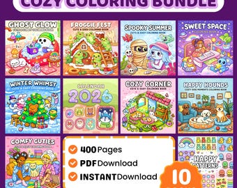 Cozy Coloring Book Bundle,  & Easy Designs (PDF Printable Digital Download, 400+ Pages