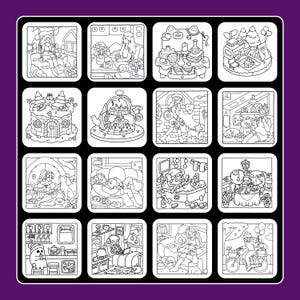 May include: A black and white coloring book page featuring sixteen square illustrations. Each square depicts a different scene, including people, animals, and objects in various settings. The illustrations are detailed and suitable for coloring.