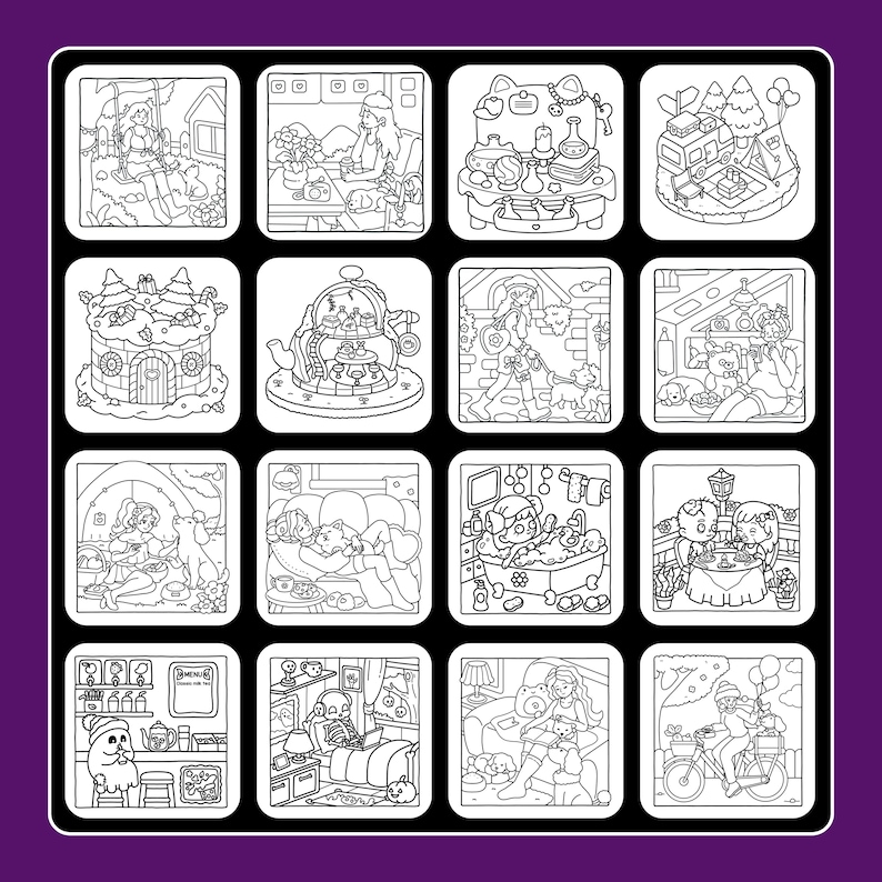 May include: A black and white coloring book page featuring sixteen square illustrations. Each square depicts a different scene, including people, animals, and objects in various settings. The illustrations are detailed and suitable for coloring.