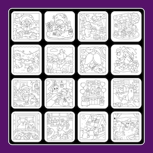 May include: A grid of sixteen black and white illustrations, each in a square frame. The images depict various scenes with cartoon characters, including a girl in a mushroom hat, animals, and a kissing booth.