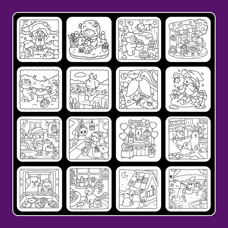 May include: A grid of sixteen black and white illustrations, each in a square frame. The images depict various scenes with cartoon characters, including a girl in a mushroom hat, animals, and a kissing booth.