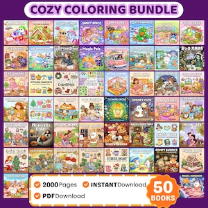 May include: A collection of 50 coloring books with various themes, including Cozy Christmas, Spooky Summer, and Happy Travels. The image features colorful book covers with illustrations and text, and includes the text "COZY COLORING BUNDLE", "2000 Pages", and "INSTANT Download".
