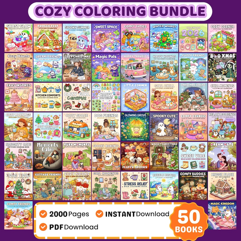 May include: A collection of 50 coloring books with various themes, including Cozy Christmas, Spooky Summer, and Happy Travels. The image features colorful book covers with illustrations and text, and includes the text "COZY COLORING BUNDLE", "2000 Pages", and "INSTANT Download".