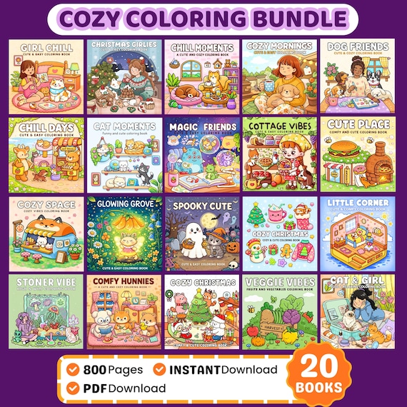 Cozy Coloring Book Bundle, Kawaii Illustrations (PDF Printable Digital Download)