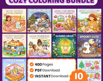 May include: A Cozy Coloring Bundle featuring 10 cute coloring books with themes like Girl Chill, Christmas Girlies, and Cozy Mornings. The bundle includes 400 pages, available as a PDF download and instant download. The books have colorful illustrations.