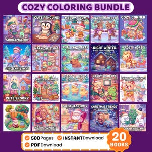 Könnte beinhalten: Ein digitales Malbuch-Paket mit dem Titel COZY COLORING BUNDLE, das 20 Bücher mit insgesamt 500 Seiten umfasst. Das Bild zeigt ein Raster aus 20 farbenfrohen Illustrationen, die verschiedene festliche und saisonale Szenen mit diversen Figuren darstellen.