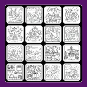 May include: A black and white coloring book page featuring 16 square illustrations. Each square depicts a different scene, including people, animals, and objects in various settings. The illustrations are detailed and suitable for coloring.