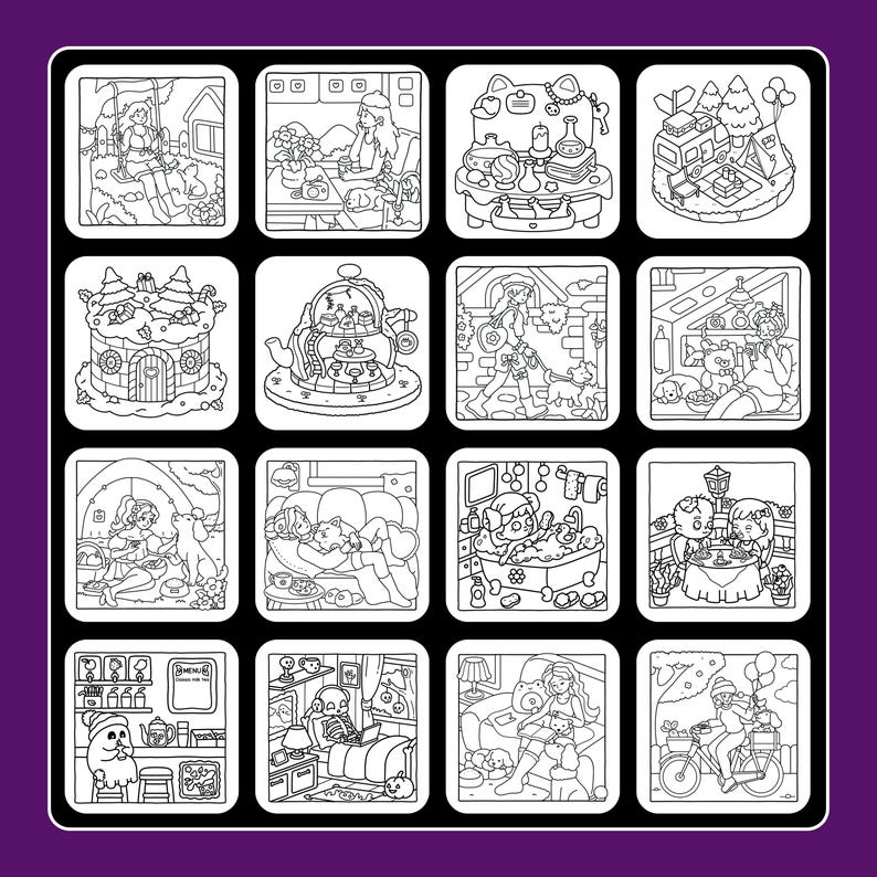 May include: A black and white coloring book page featuring 16 square illustrations. Each square depicts a different scene, including people, animals, and objects in various settings. The illustrations are detailed and suitable for coloring.