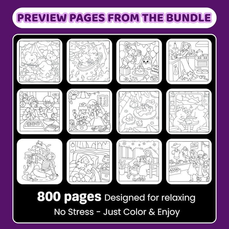 Cozy Coloring Book Bundle, Kawaii Illustrations (PDF Printable Digital Download) image 2