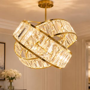 Morden lampskärm med guldfärgad kristalleffekt, 3-våningars sammankopplade ringar, modern glamourbelysning