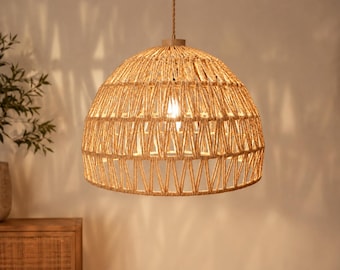 Rustic Wicker Style Ceiling Light Shade - Boho Handwoven Natural Rope Pendant Lampshade 30cm