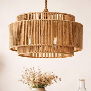 Handwoven Rattan Pendant Lampshade – Layered Boho Ceiling Light Shade