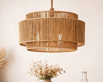 Handwoven Rattan Pendant Lampshade – Layered Boho Ceiling Light Shade