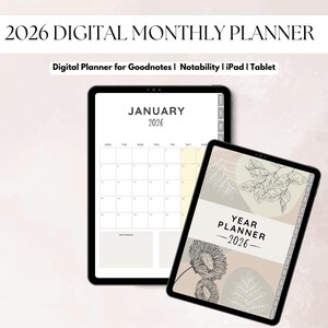 Puede incluir: Dos tabletas digitales que muestran un planificador mensual digital de 2026. Una tableta muestra un calendario de enero, la otra una portada de planificador anual con ilustraciones florales. El texto incluye "2026 Digital Monthly Planner".