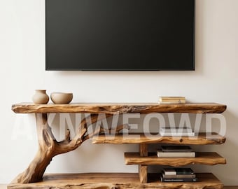 Reclaimed Teak Live Edge TV Stand, Rustic Organic Media Console, Natural Wood Entertainment Shelf