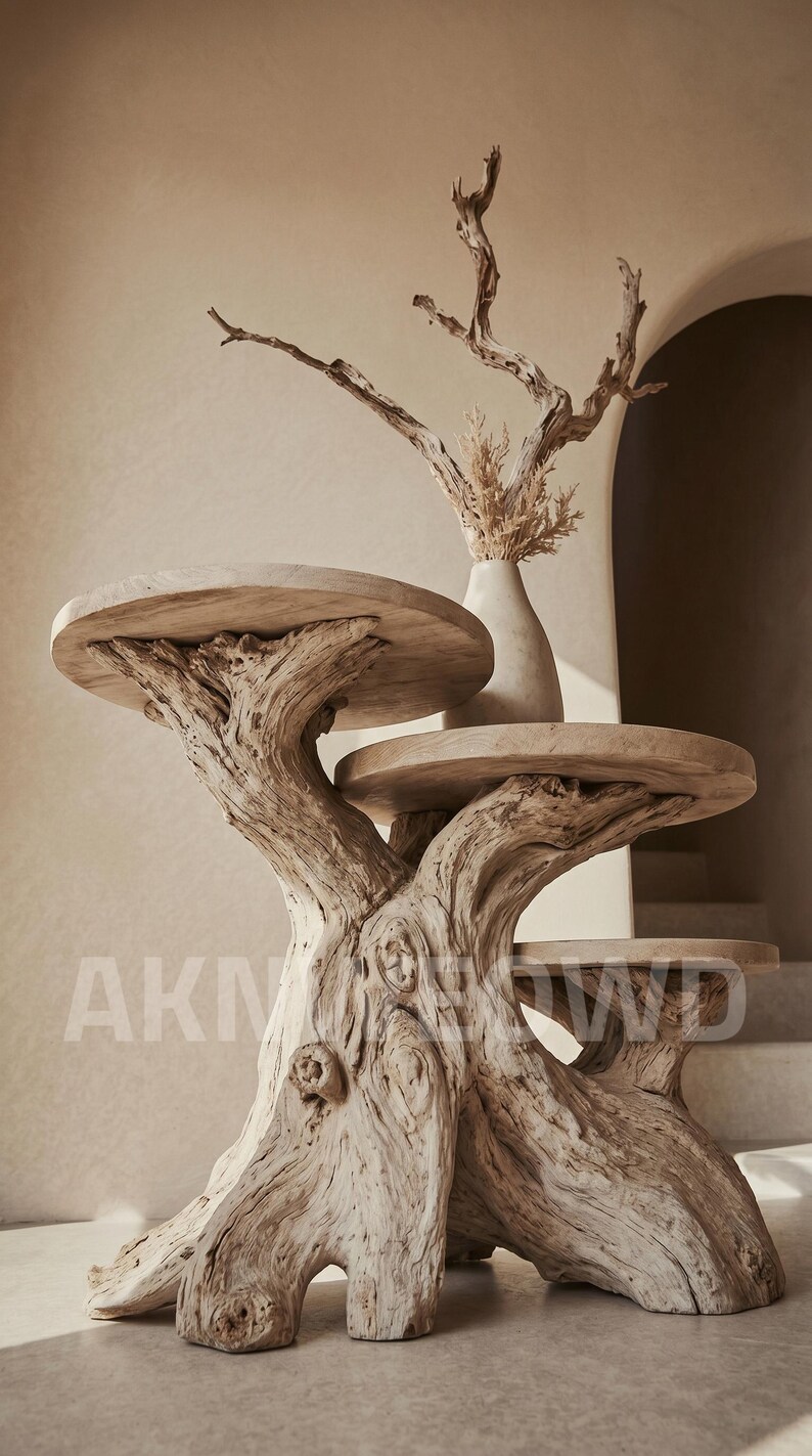 Sculptural Tree Root Side Table, 3 Tier Driftwood Plant Stand, Rustic ...