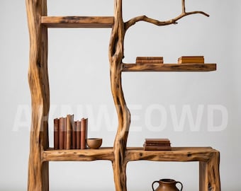 Organic Teak Wood Bookshelf, Rustic Tree Branch Display Shelf, Live Edge Bookcase