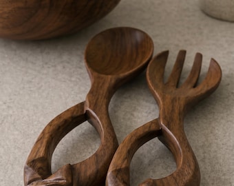 Cubiertos de madera para ensalada / Juego de cuchara y tenedor / Utensilios de cocina de madera tallada a mano