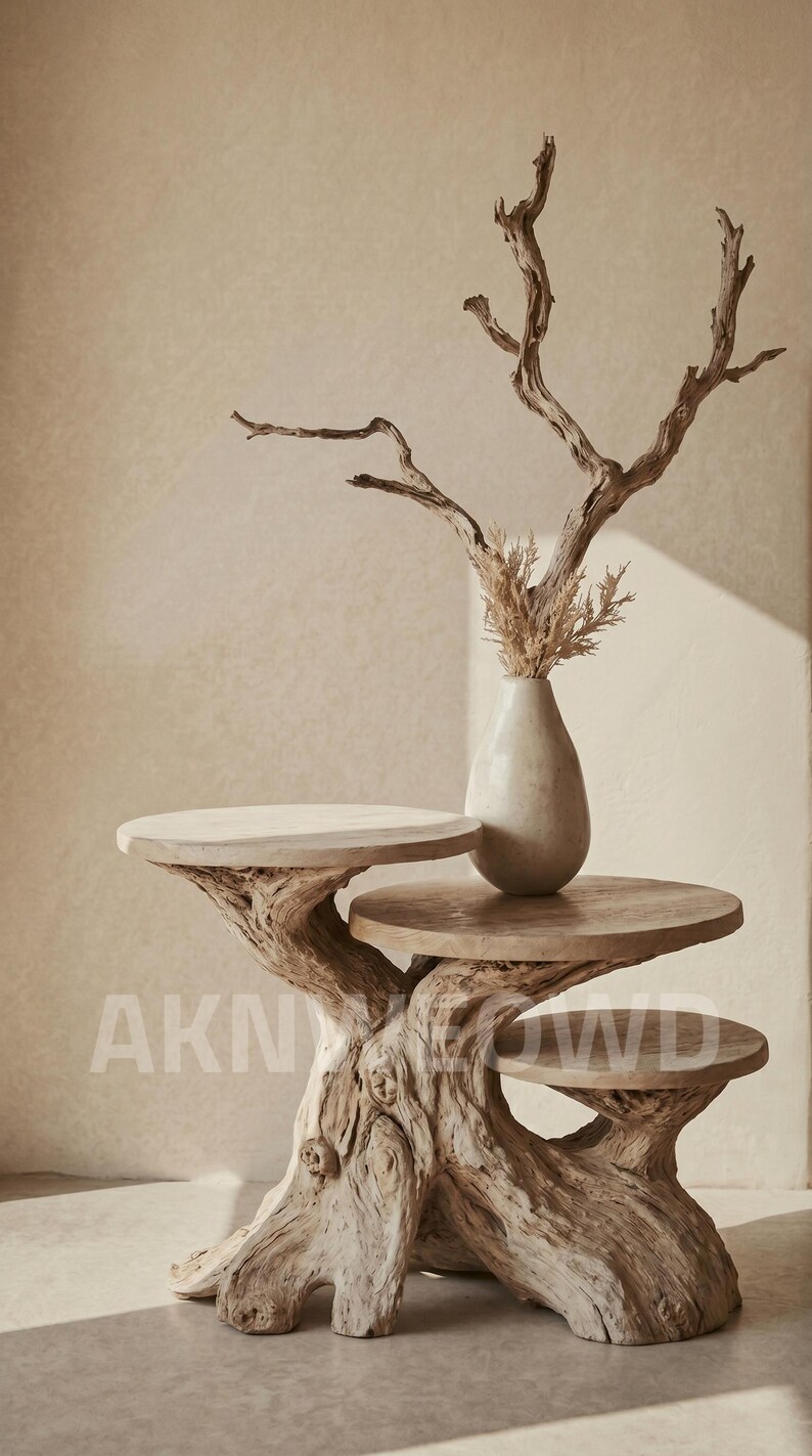 Sculptural Tree Root Side Table, 3 Tier Driftwood Plant Stand, Rustic ...