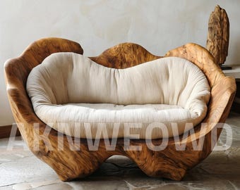 Sculptural Teak Root Lounge Chair, Organic Wood Accent, Cream Bouclé Cushion