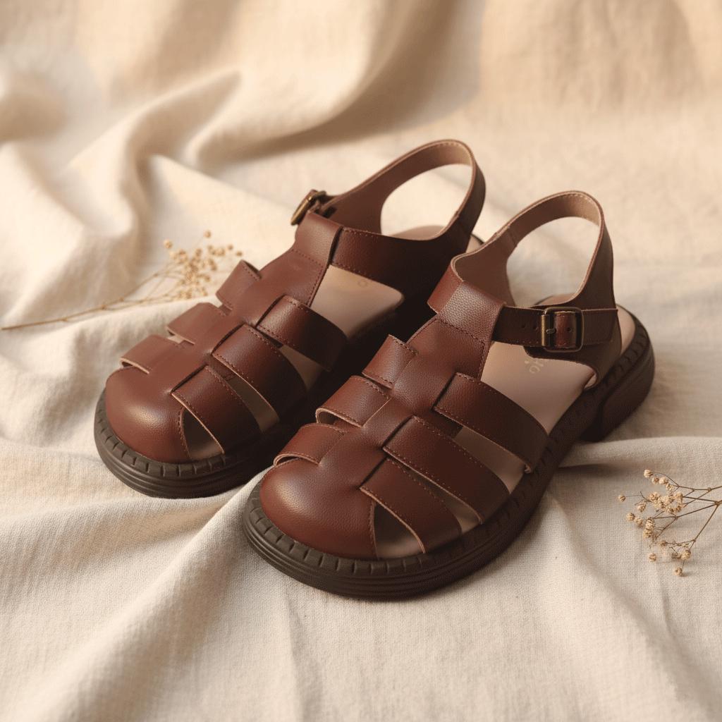 Vintage Handmade Brown Leather fisherman Sandals with Gold Buckles. Handmade Brown Leather Fisherman Sandals for Women - Soft  main image 4