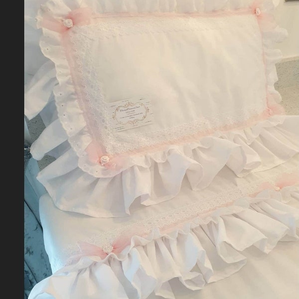 Cot Bedding Set Romany Style Cot Crib Cotbed Quilt and Pillowcase Ruffles Bows Broderie Anglais and Lace Cot Bedding