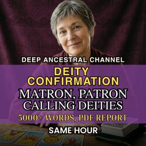 Op de afbeelding: Afbeelding van een lachende vrouw met kort grijs haar. Tekstoverlay: "DEEP ANCESTRAL CHANNEL, DEITY CONFIRMATION, MATRON, PATRON, CALLING DEITIES, 5000+ WORDS, PDF REPORT, SAME HOUR." Tarotkaarten zijn zichtbaar.