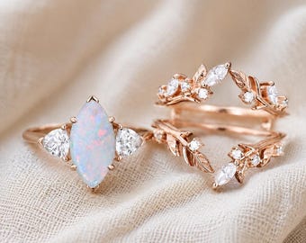 Natural Opal Engagement Ring Set, 6x12mm Marquise Opal Rose Gold Ring, Vintage Nature Inspired Diamond Wedding Band, Unique Bridal Gift