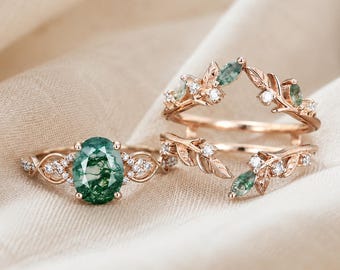Oval Moss Agate Engagement Ring Set, Nature Inspired Rose Gold Moissanite Wedding Bridal Ring, Unique Green Gemstone Promise Ring for Women