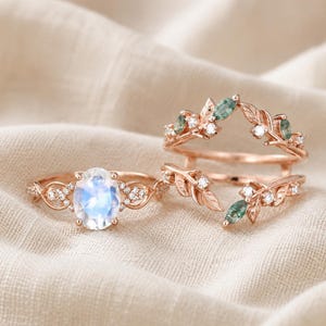 Oval Moonstone Engagement Ring Set, Rose Gold Moissanite Cluster Ring, Marquise Moss Agate Diamond Wedding Band, Nature Inspired Bridal Gift
