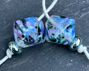 Abstract Sky Crystal lampwork glass bead pair