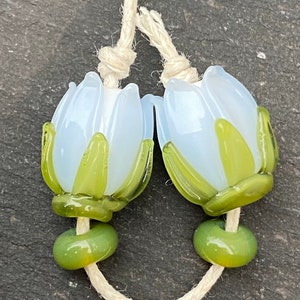Opal Baby Blue Flower Bud lampwork glass bead pair