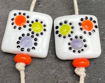 Dotty square lampwork glass bead pair