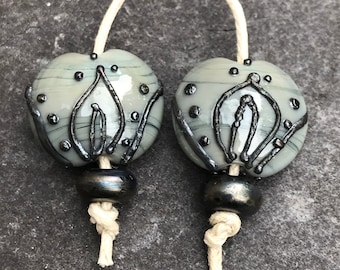 Grey Petal Outline Lentil lampwork glass bead pair