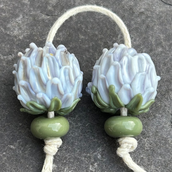 Grey Blue Clover Flower lampwork glass bead pair