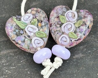 Pink & Lilac Frame Glass Heart lampwork glass bead pair