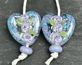 Lilac Blue Frame Glass Heart lampwork glass bead pair