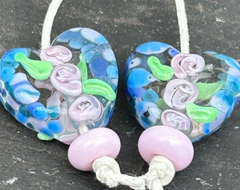 Blue & Pink Frame Glass Heart lampwork glass bead pair