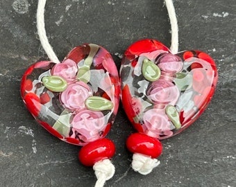 Scarlet Frame Glass Heart lampwork glass bead pair