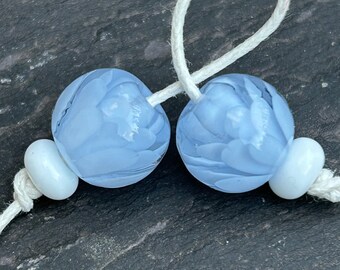 Baby Blue Petal Bead lampwork glass bead pair