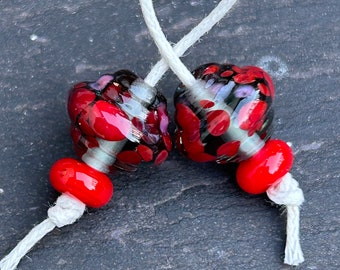 Poppy Love ornate lampwork glass bead pair