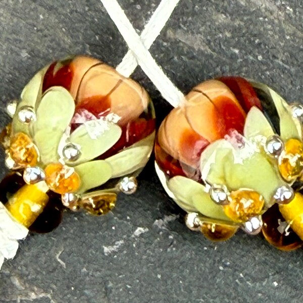 Reserved for Amanda Woodland Canopy Bumpy petal lampwork glass bead pair
