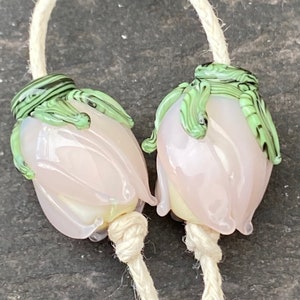 Opal Pink Windswept Flower Bud lampwork glass bead pair