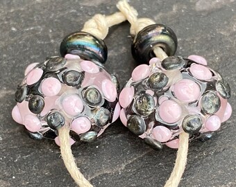 Pink & Silver Grey squished dot lampwork glass bead pair