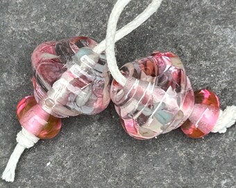 Pink Trickster ornate lampwork glass bead pair