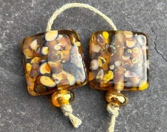 Toffee Crunch square lampwork glass bead pair