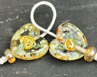 Gold Frame Glass Heart lampwork glass bead pair