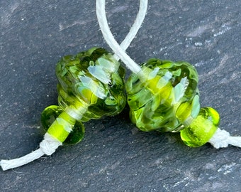 Lime Lizard ornate lampwork glass bead pair